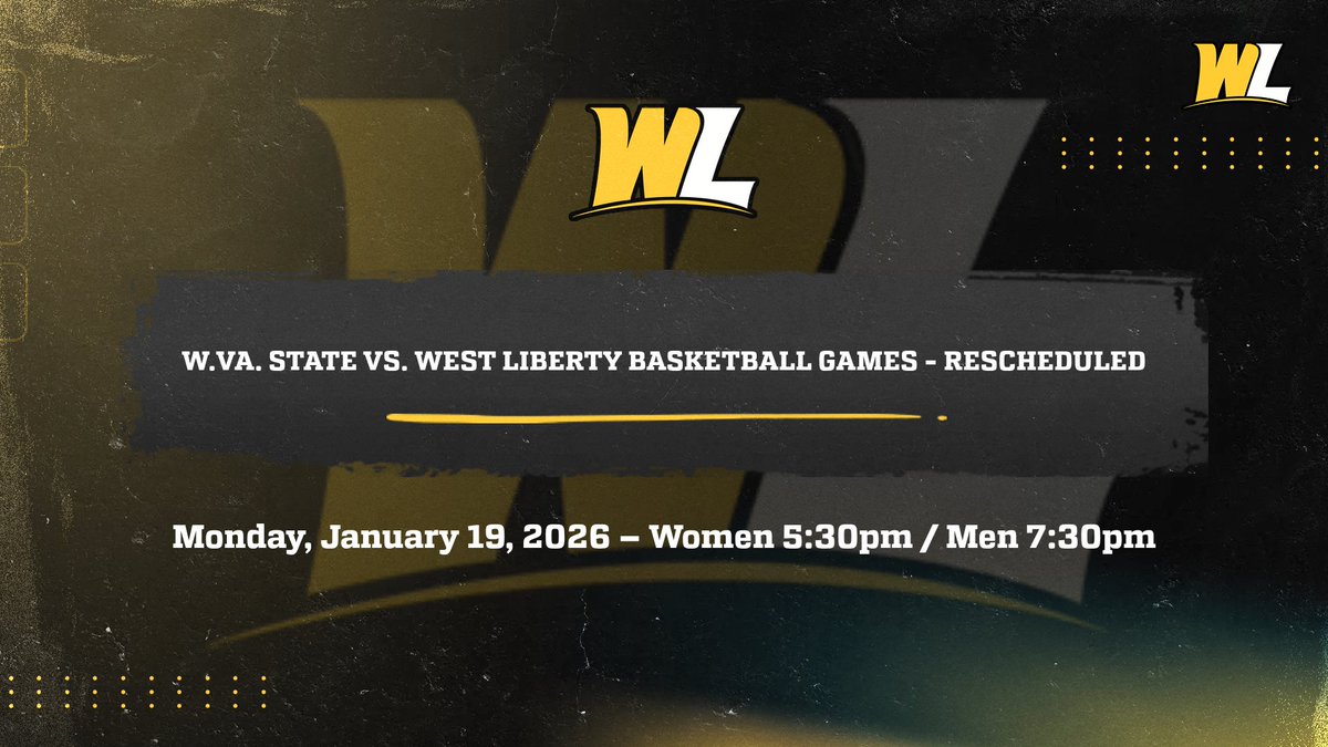 WLathletics's tweet photo. West Liberty University men’s and women’s basketball doubleheader against https://t.co/3FoGeliNxa. State
has been rescheduled for Monday, Jan. 19, 2026, at the ASRC. The women’s game will tip off at 5:30 p.m., the men’s contest at 7:30 p.m. 
🐻🏀
#GoWLU | #TopperNation https://t.co/s69JTInqyB