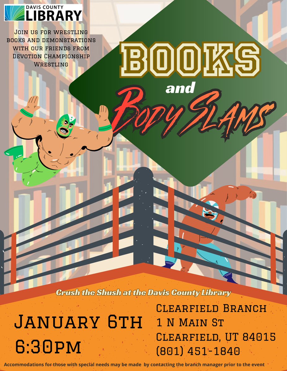 DavisCountyLib's tweet image. Tonight at our Clearfield Branch meet wrestlers from Devotion Championship Wrestling as they show you some moves, we read a book, and make a craft!
At our Layton Branch, participate in a silly skit.  No acting experience needed!