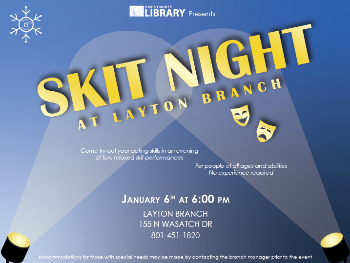 DavisCountyLib's tweet image. Tonight at our Clearfield Branch meet wrestlers from Devotion Championship Wrestling as they show you some moves, we read a book, and make a craft!
At our Layton Branch, participate in a silly skit.  No acting experience needed!