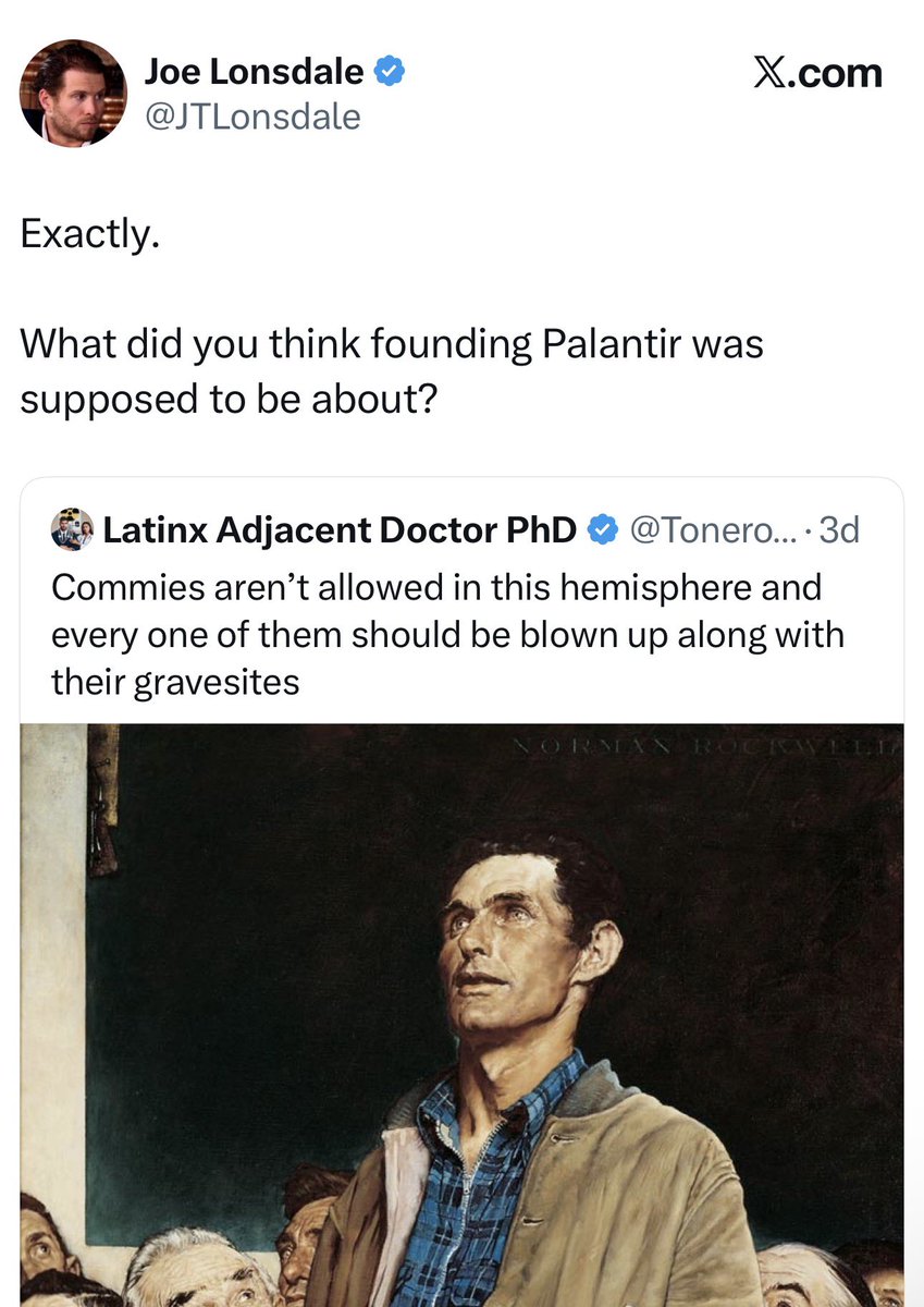 DropSiteNews's tweet image. Palantir co-founder Joe Lonsdale publicly endorsed a post calling for the extermination of “commies,” responding “Exactly” and asking, “What did you think founding Palantir was supposed to be about?” on X.

The comment was posted in response to a tweet that stated leftists…