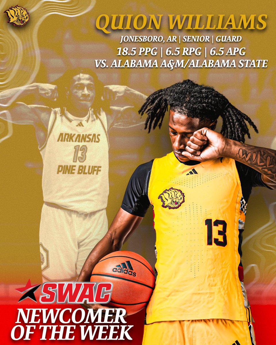 UAPBLionsMBB's tweet photo. DOUBLE THE HARDWARE 😤🏆🏆

🦁 Alex Mirhosseini — SWAC Impact Player of the Week
🦁 Quion Williams — SWAC Newcomer of the Week https://t.co/SQvJ7PipC3