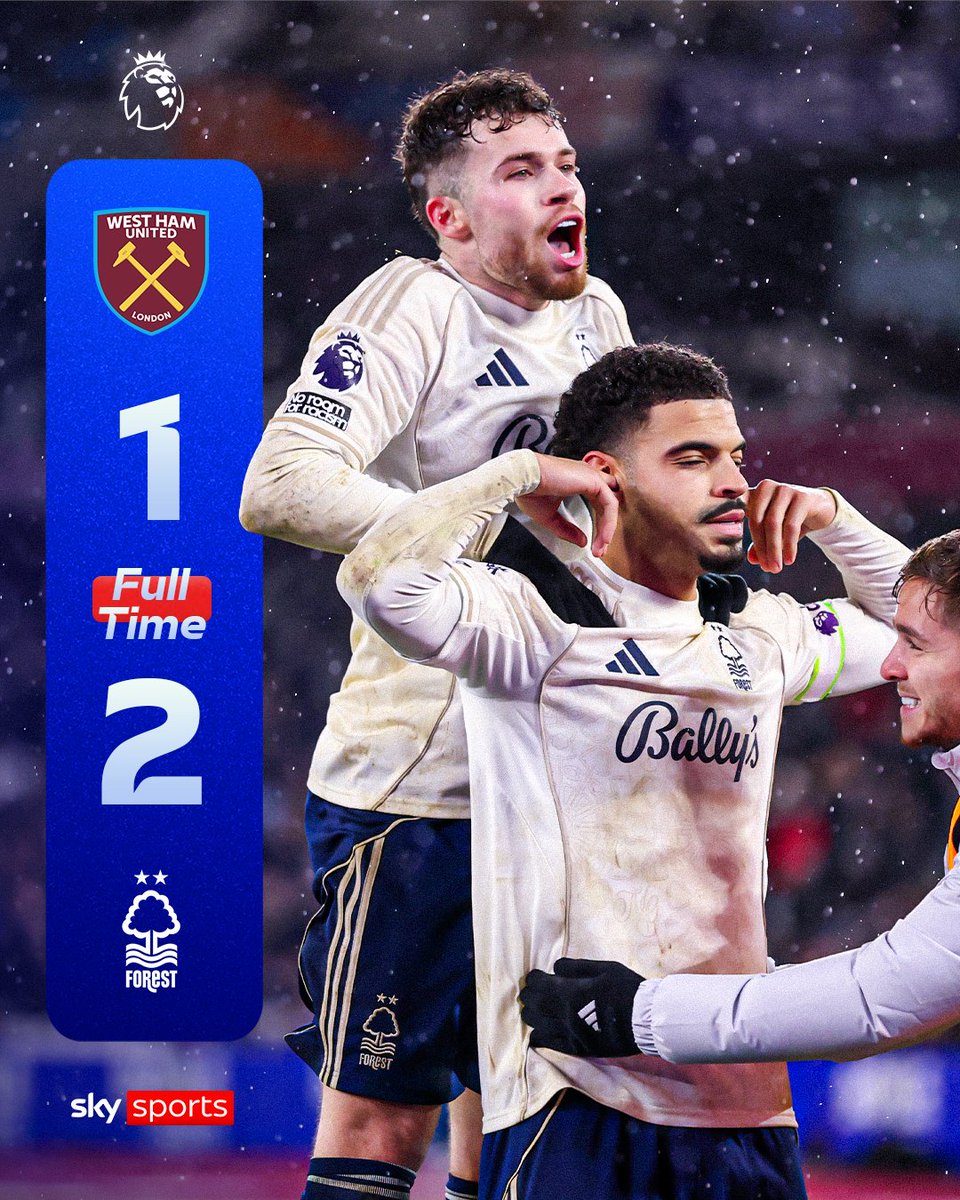 SkySportsPL's tweet image. FULL-TIME: Nottingham Forest come from behind to put a seven-point buffer between themselves and West Ham in the relegation zone, piling the pressure on Nuno Espírito Santo 🫣