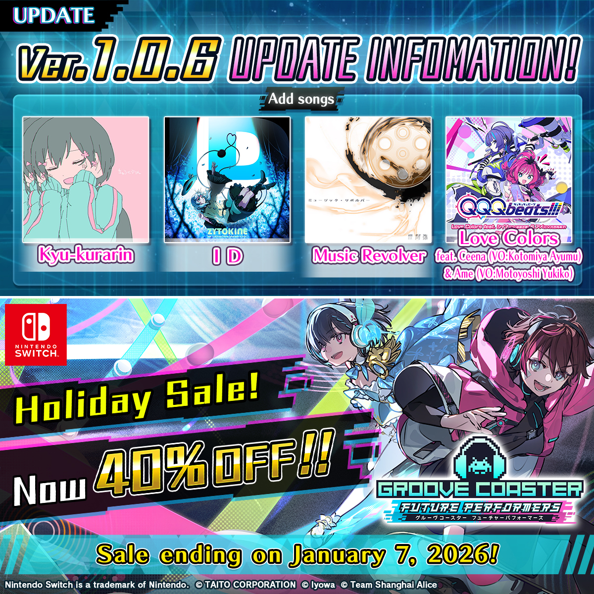 Special Announcement】Ver.1.0.6 Update On January 8th, 4 new songs