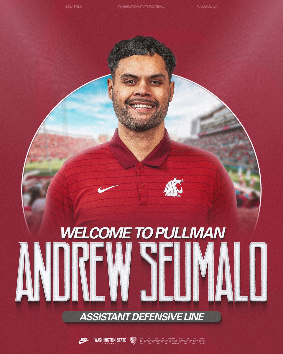 WSUCougarFB's tweet image. Welcome to Pullman, @CoachSeumalo 💪

Coach Seumalo will be joining Kirby Moore’s staff as the Assistant Defensive Line Coach.

#GoCougs | #MadeOfCrimson