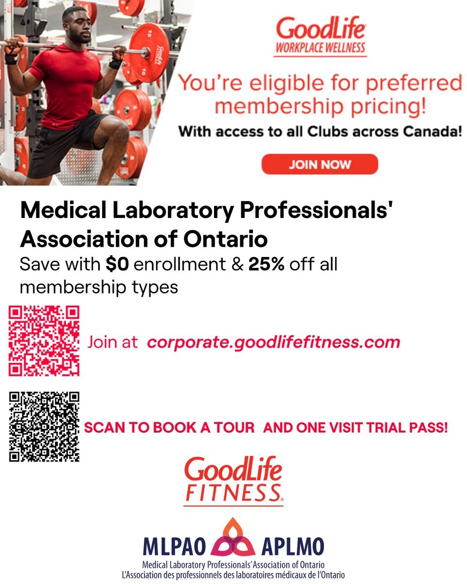 MLPAOnews's tweet photo. New year, new goals 💪 Exclusive GoodLife gym savings for MLPAO members.
Find more member-only discounts at https://t.co/s2MCkWcpuo. #GoodLifeFitness #NewYear #MemberSavings #LabProfessionals https://t.co/Oxv9bPQJK7