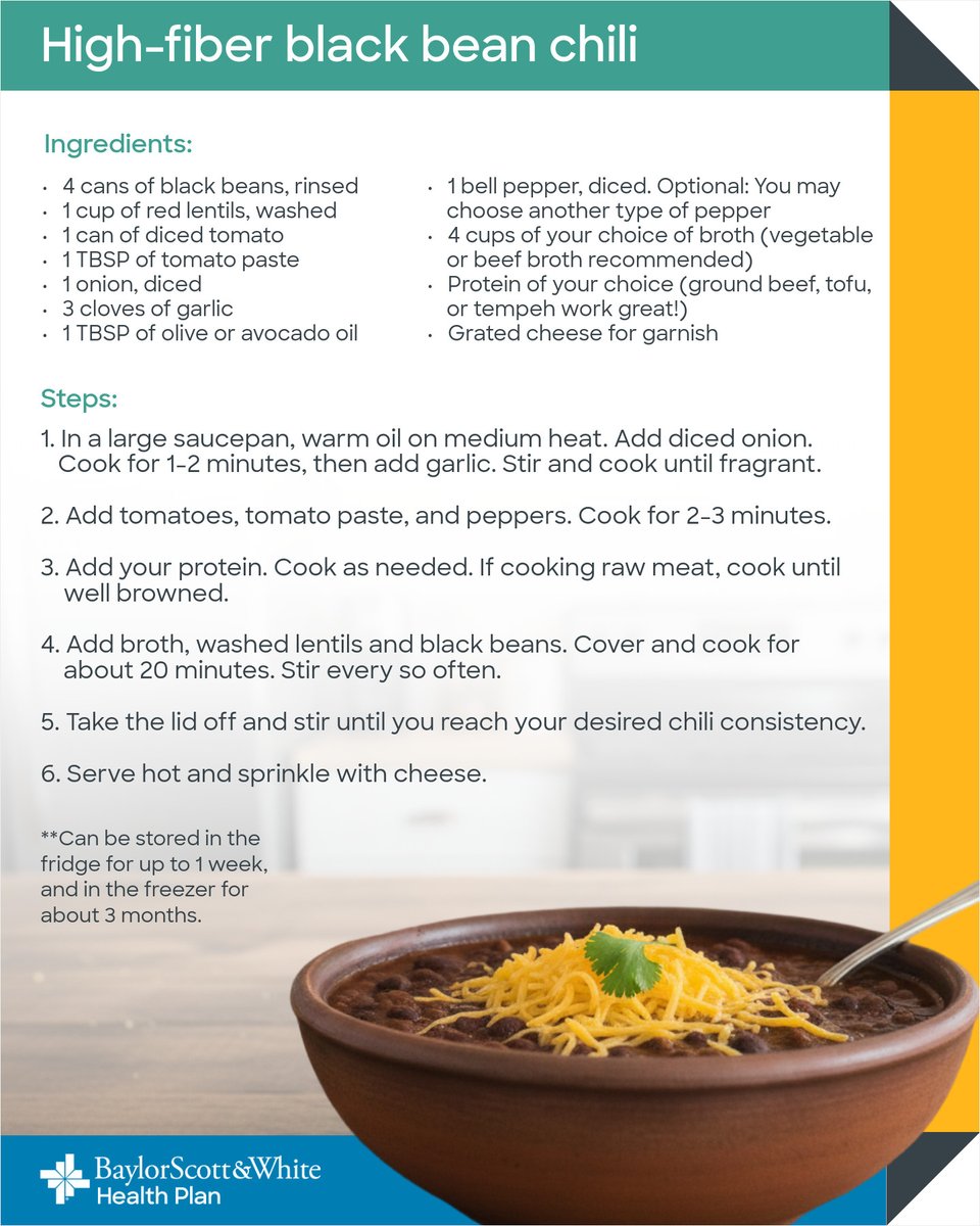 bswhealthplan's tweet image. Need more fiber in your diet? There's a cheap and easy fix for that—beans!

Try our high-fiber and low-cost black bean chili.