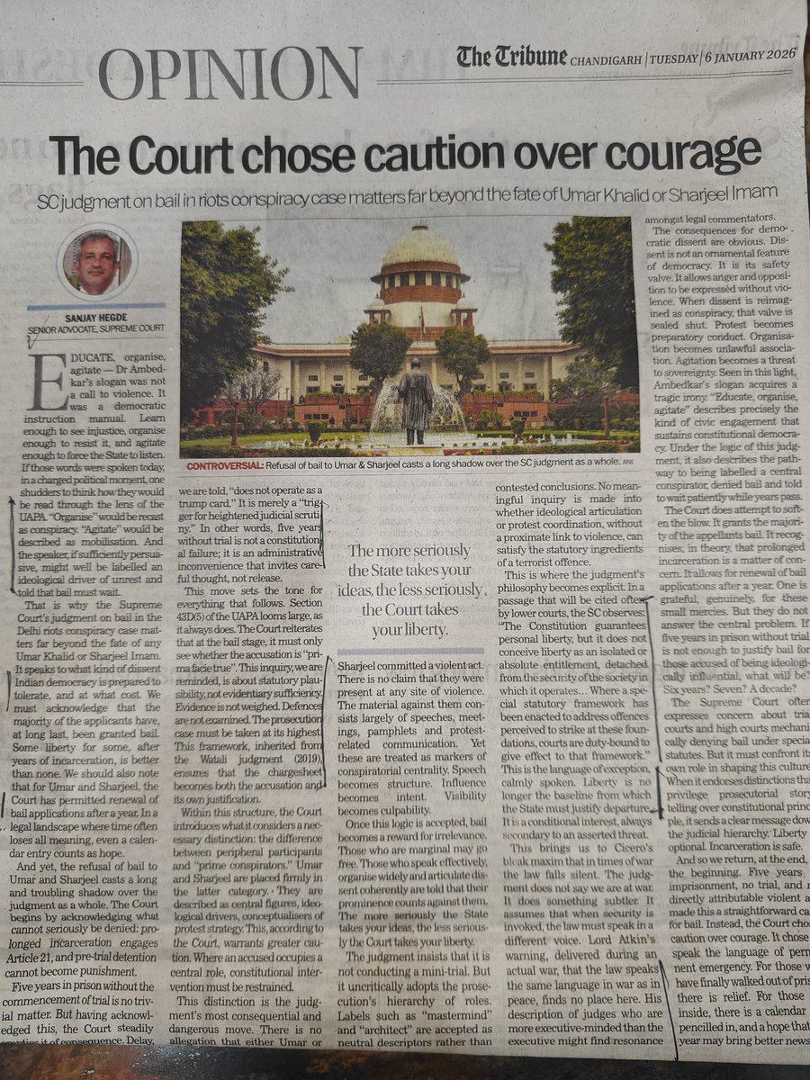 a_rai96's tweet photo. A stupendously fantabulous article by sh @sanjayuvacha . Raising concern over the judicial trend towards bail in UAPA cases being invoked vis a vis Freedom of speech and right to dissent. https://t.co/NWllXZbeLy