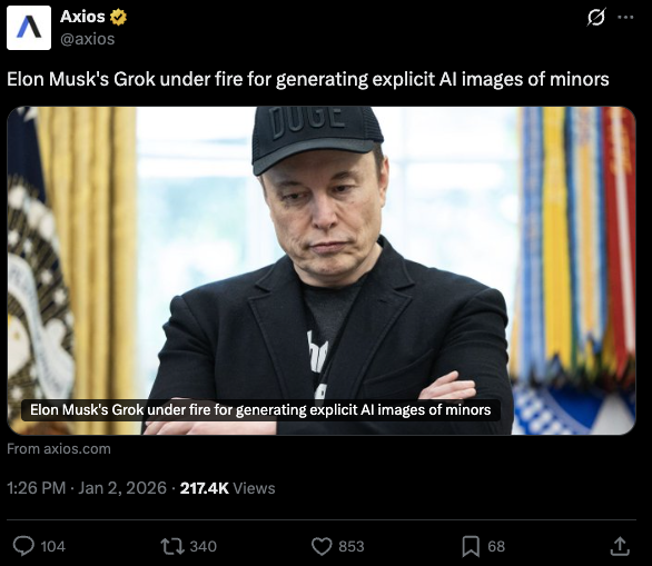 This is going to be Elon Musk's legacy. If you are told that your tool is being used to create explicit images of minors and to harass private citizens, you shut it down right away until you can fix it.

Elon does not. Elon jokes about it.

And for the pedo-enabler lovers on X