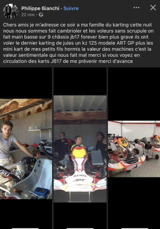 Philippe Bianchi, père de Jules Bianchi, annonce avoir été victime d'un cambriolage ce soir. Les voleurs ayant dérobés 9 châssis JB17 Forever, des mini-karts mais surtout le dernier karting de Jules... 💔

Nous condamnons ces actes et sommes de tout cœur avec la famille Bianchi