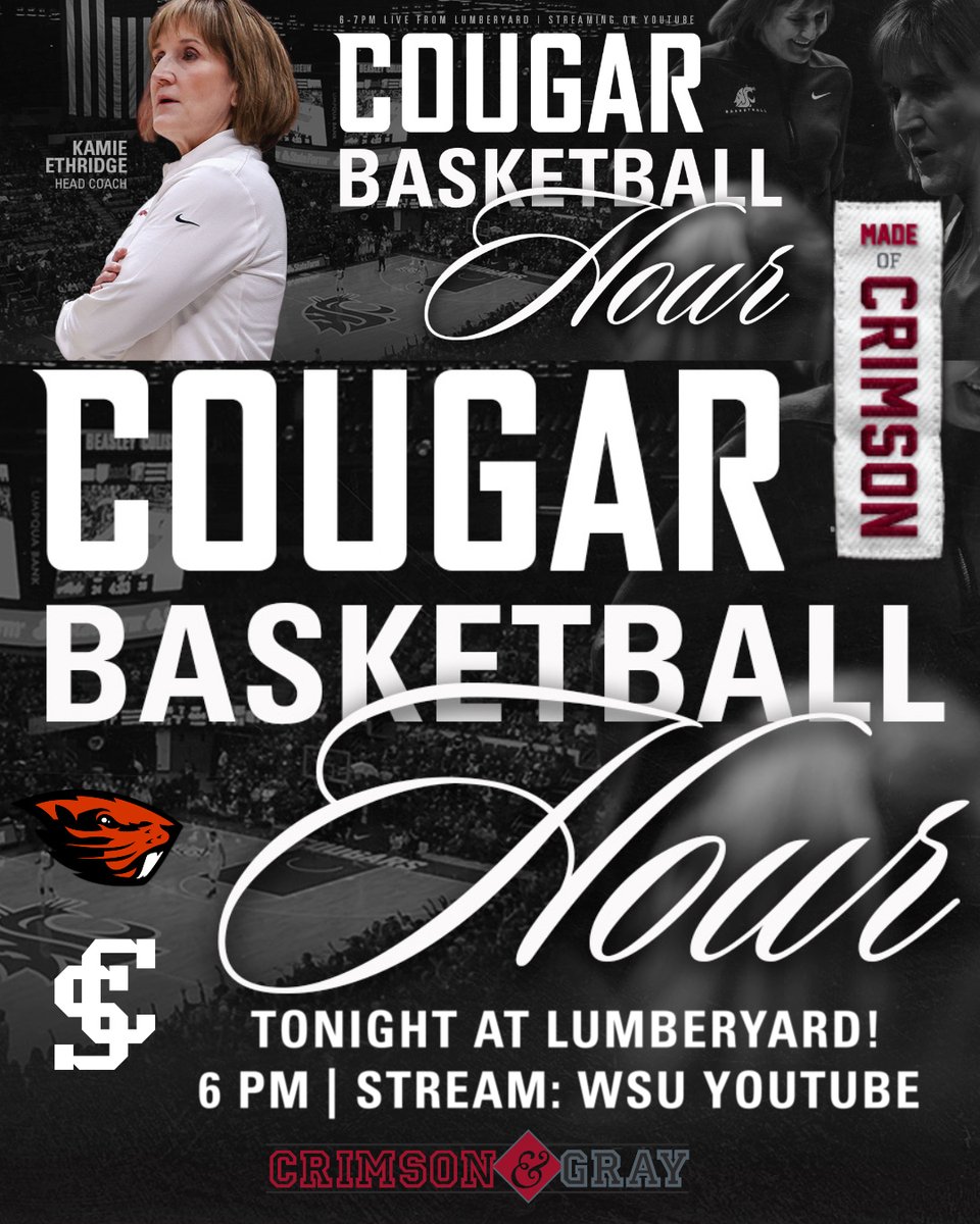 WSUCougarWBB's tweet photo. Our first Cougar Basketball Hour of the season is TONIGHT at 6 p.m. at Lumberyard, presented by Crimson &amp; Gray!

Hear Steve Grubbs chat with Head Coach Kamie Ethridge and junior Alex Covill!

Watch - https://t.co/NhzOT95RzQ
Listen - @pullmanradionews

#GoCougs | #MadeOfCrimson https://t.co/PC9s5rRj0z