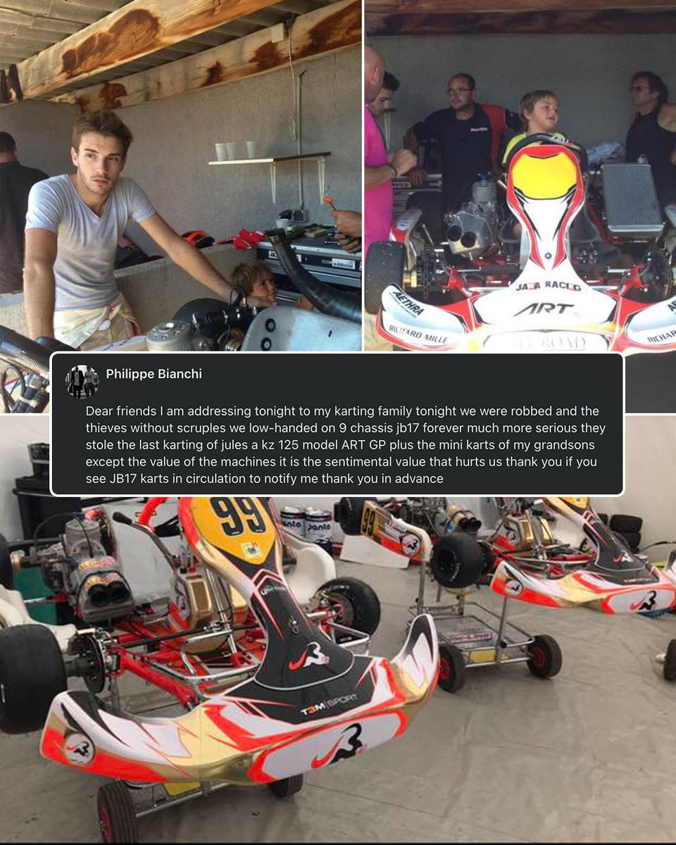 Motorsport's tweet image. Jules Bianchi's father reported some of their family's karts have been stolen, including Jules' last one.

Philippe asks the karting community to report any JB17 chassis seen in circulation.