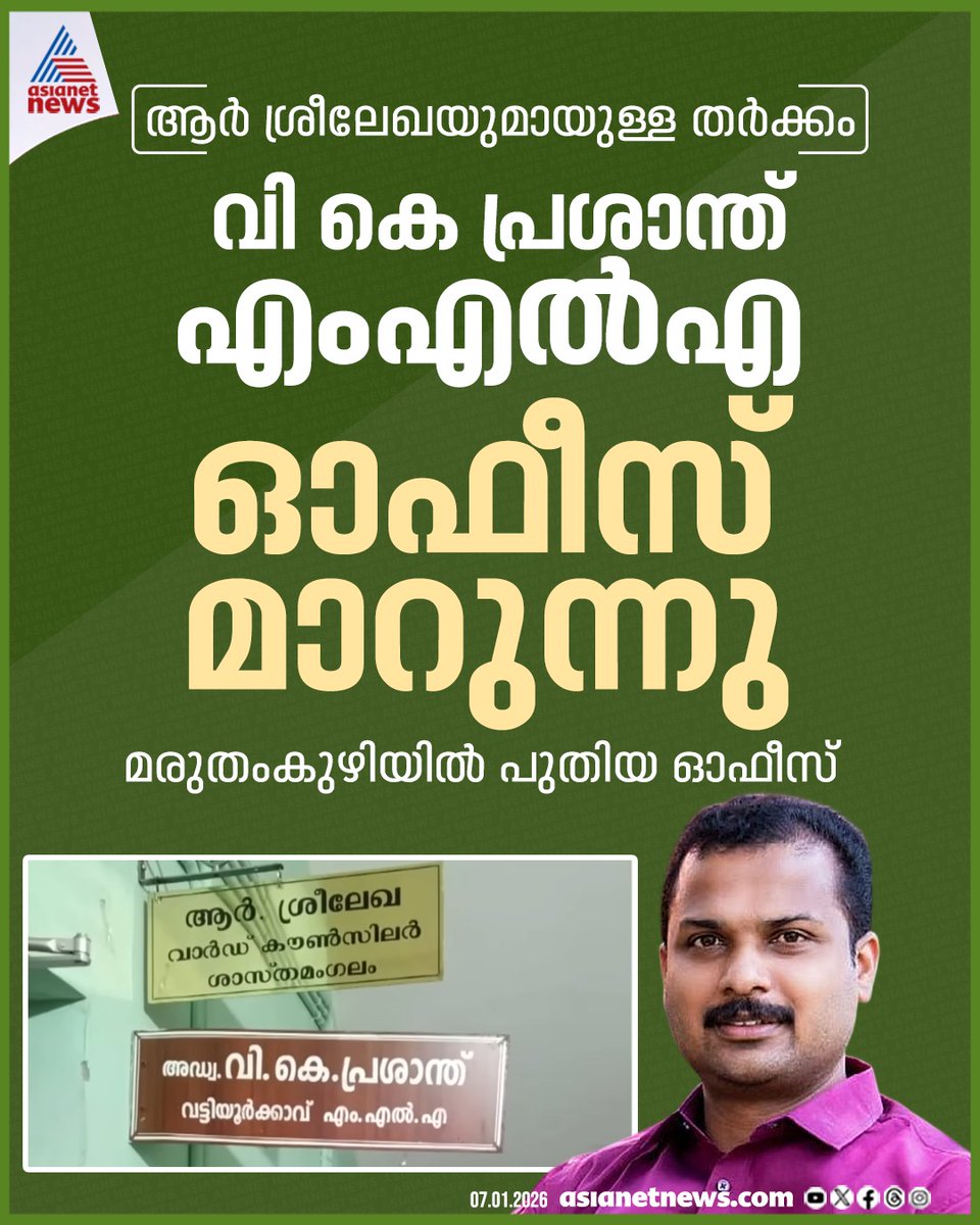 AsianetNewsML's tweet image. ബിജെപി നേതാവും കൗൺസിലറുമായ ആർ ശ്രീലേഖയുമായുള്ള തർക്കത്തിനൊടുവിൽ വികെ പ്രശാന്ത് എംഎൽഎ ഓഫീസ് ഒഴിയുന്നു

🔗 tinyurl.com/4ayzczyp

#VKPrashanthMLA #Thiruvananthapuram