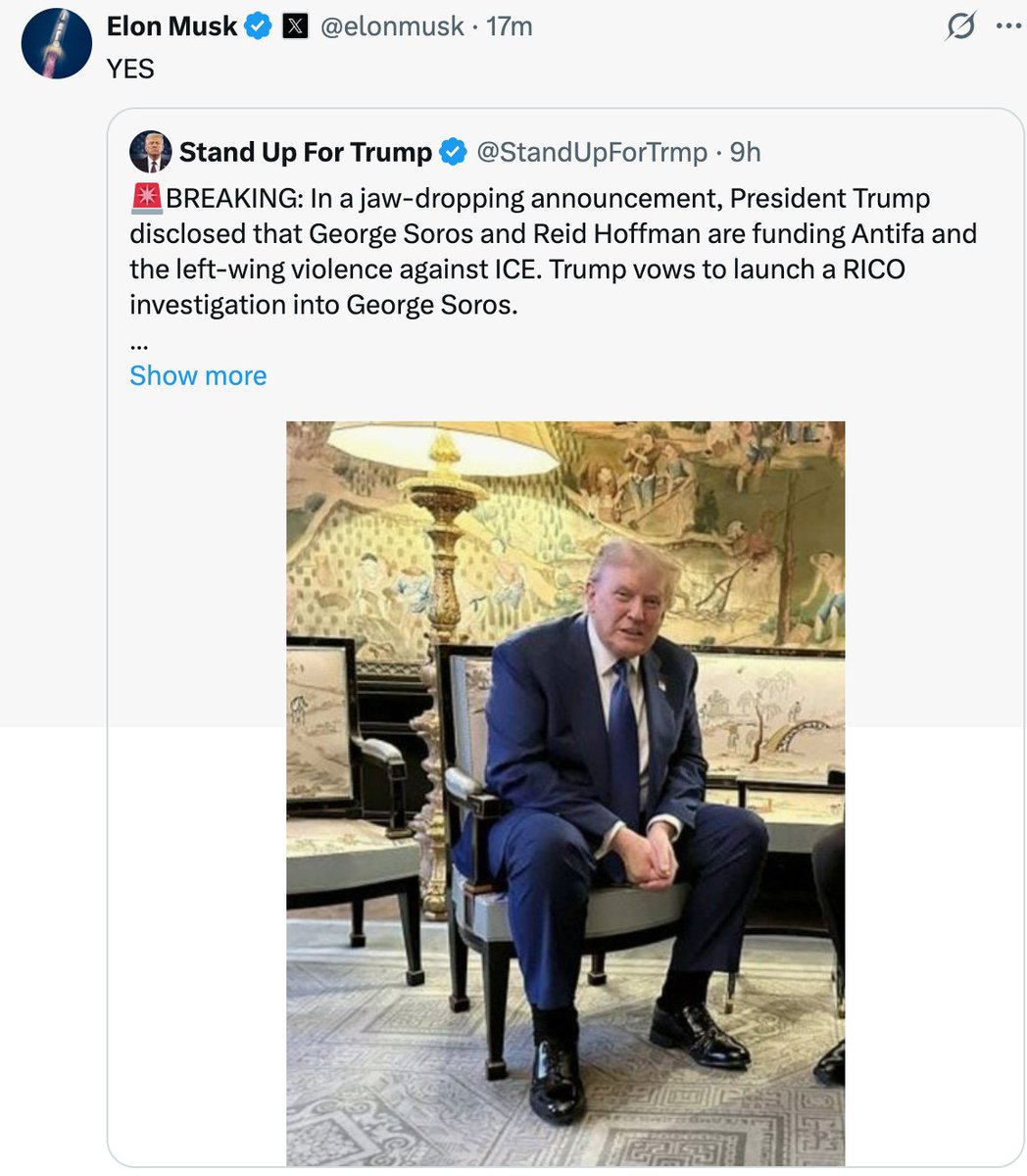 🚨突发：在一项令人震惊的声明中，川普总统披露称，乔治·索罗斯（George Soros）和里德·霍夫曼（Reid  Hoffman）正在资助安提法（Antifa），以及针对