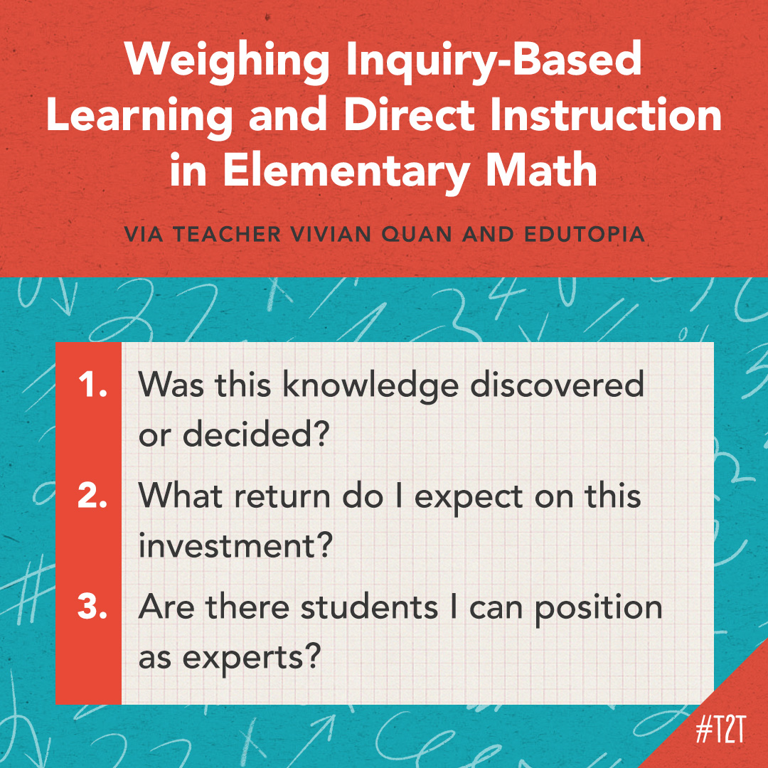 teacher2teacher's tweet image. What's better in math class – direct instruction or inquiry-based learning?

It depends, says T Vivian Quan. Here's how she makes the  determination – via @edutopia: edutopia.org/article/inquir…

#MTBoS