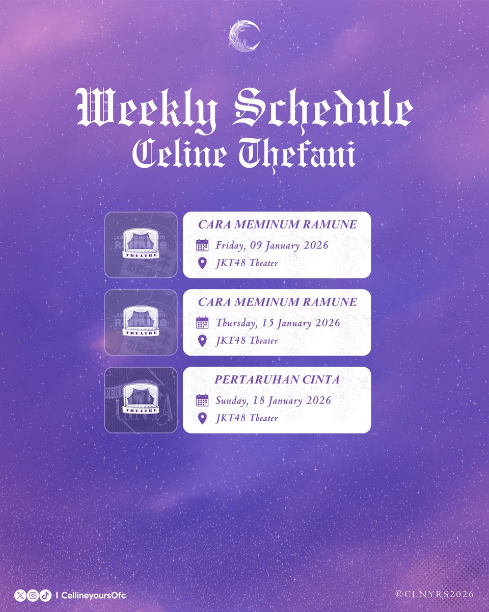 Selamat pagi Lavenderian 🪻 

Berikut adalah jadwal nona 
<a href="/Elin_JKT48/">Celline Thefani</a> untuk dua minggu ini:
Jumat, 9 Januari 2026
🎪: Cara Meminum Ramune
Kamis, 15 Januari 2026
🎪: Cara Meminum Ramune (Ladies Night)
Minggu, 18 Januari 2026
🎪: Pertaruhan Cinta (Shonichi)

Jangan lewatkan