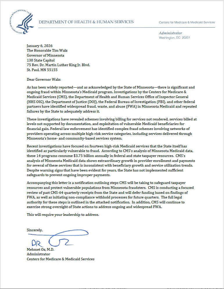 DrOzCMS's tweet image. My letter to Governor Walz: