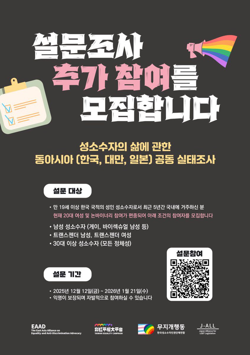 [설문조사 추가 참여자 모집]

현재 설문 응답의 대부분이 20대 여성 성소수자 및 논바이너리로 구성되어 있어, 아래 조건에 해당하시는 분들의 설문참여를 부탁드립니다.

🌈참여 대상
✔️ 한국 국적을 가지고 최근 5년 간 한국에 거주해 온 만 19세 이상의 성인 성소수자
✔️ 남성 성소수자 (게이,