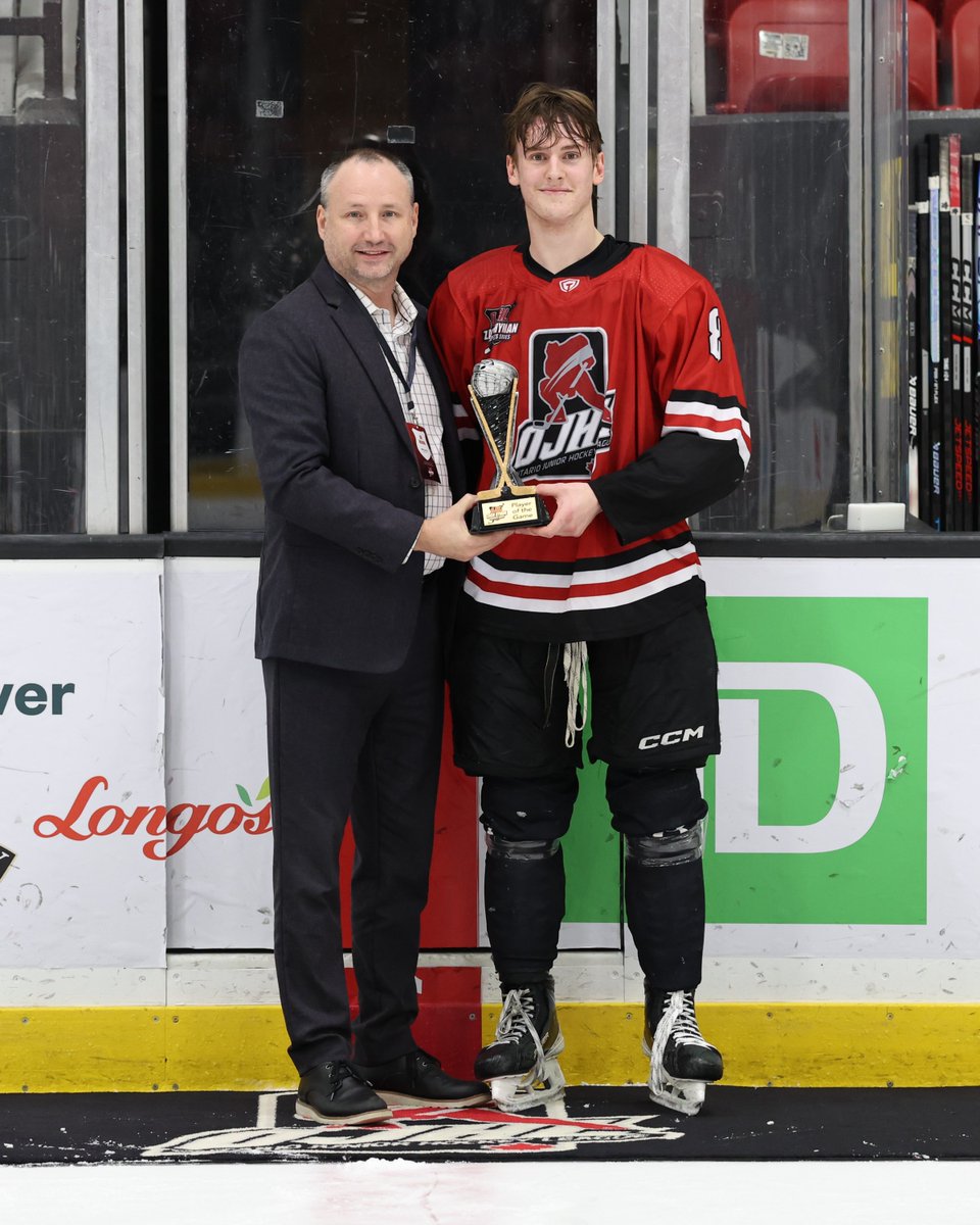 OJHLOfficial's tweet photo. Player of the Game Team Black Owen Scott #1 and Player of the Game Team Red Logan Bennett #8 receive their awards from OJHl Commissioner Marty Savoy. Final score was 5-2 for Team Red. https://t.co/WAgAWEKjO7