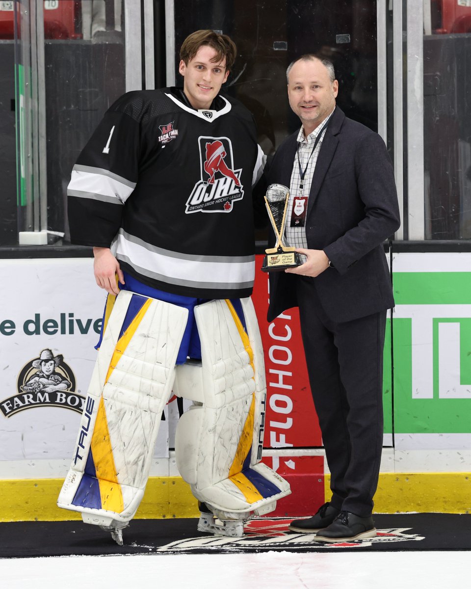 OJHLOfficial's tweet photo. Player of the Game Team Black Owen Scott #1 and Player of the Game Team Red Logan Bennett #8 receive their awards from OJHl Commissioner Marty Savoy. Final score was 5-2 for Team Red. https://t.co/WAgAWEKjO7