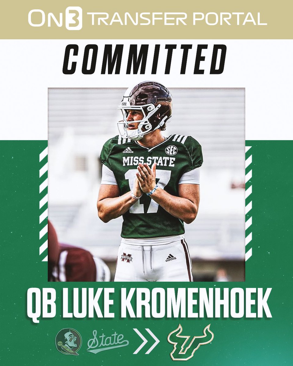 TransferPortal's tweet image. BREAKING: Mississippi State transfer QB Luke Kromenhoek has committed to USF, @PeteNakos reports🌴

on3.com/news/mississip…