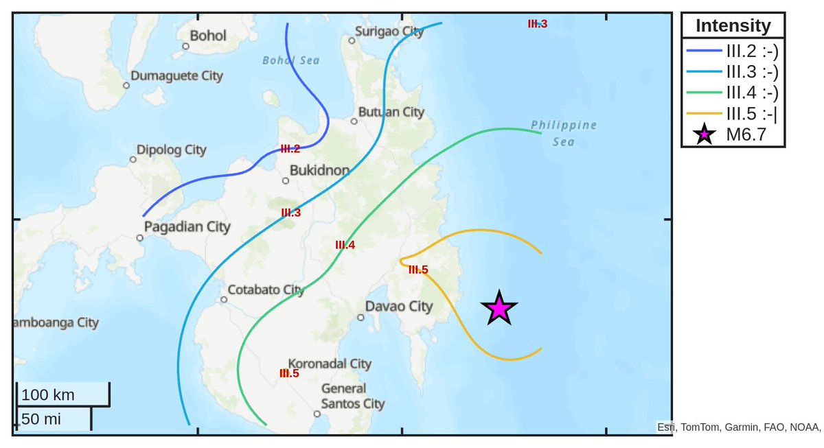 SismoDetector's tweet photo. Intensity map para sa #lindol M6.7 na naganap sa 03:02:00 (UTC) na may epicenter sa 47 km mula sa #Manay, Pilipinas. I-download ang app Earthquake Network mula sa https://t.co/hNdHhYeXVG upang makatanggap ng mga alerto sa iyong smartphone https://t.co/D2YH1jBGIP