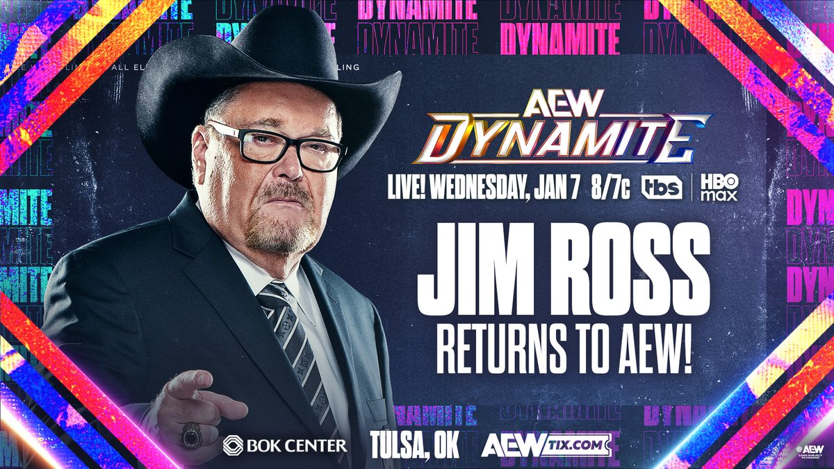 AEW's tweet image. Wednesday Night #AEWDynamite
LIVE, 8pm ET / 7pm CT on @TBSNetwork + @SportsonMax
Tomorrow Night, 1/7

The Legendary Voice of Wrestling, @JRsBBQ will be in Tulsa!

Jim Ross will join the announce team when AEW Dynamite is LIVE from Tulsa on TBS + HBO Max, TOMORROW NIGHT!