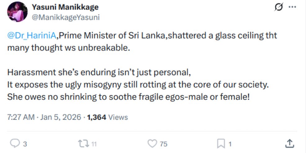 Nonsense, <a href="/ManikkageYasuni/">Yasuni Manikkage</a>. Mrs B was the first to shatter the glass ceiling, followed by <a href="/CBKsrilanka/">Chandrika Bandaranaike Kumaratunga</a>. They were real leaders and were never humiliated like this. Don’t play the gender card in #SriLanka. Harini wanted to blend in LGBT 🏳️‍🌈 , got messed up now deal with it.