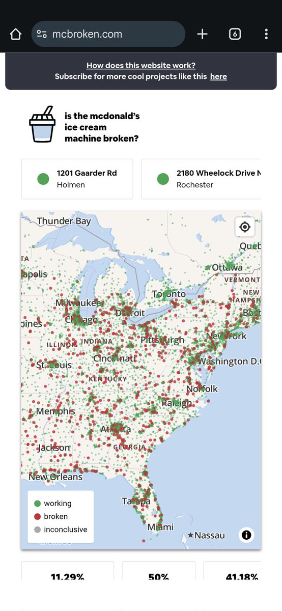 アメリカのマクドナルドのアイスクリームマシン、あまりにも壊れてる事が多すぎて今どの店舗のアイスクリームマシンが壊れてるかを調べられる専用のマップも存在する

mcbroken.com