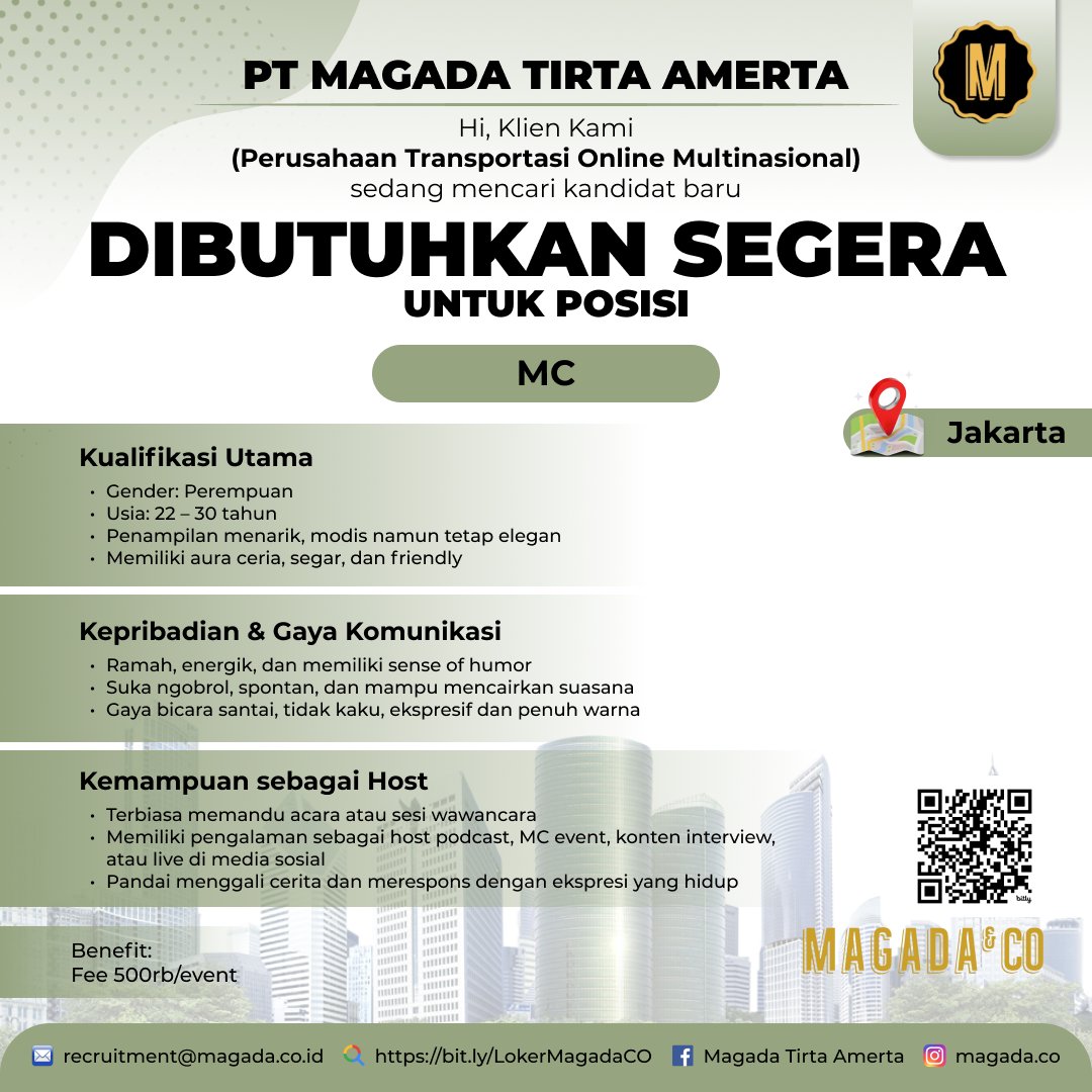 magada_co's tweet photo. WE ARE HIRING! 📢

MC - Jakarta

📧recruitment@magada.co.id ☎+62122833680

#info #infoloker #loker #lowongan #lowongankerja #magada #magadaco #lokermagada #lokermc #lokerjakarta #mcjakarta https://t.co/2XjDEGRSN9