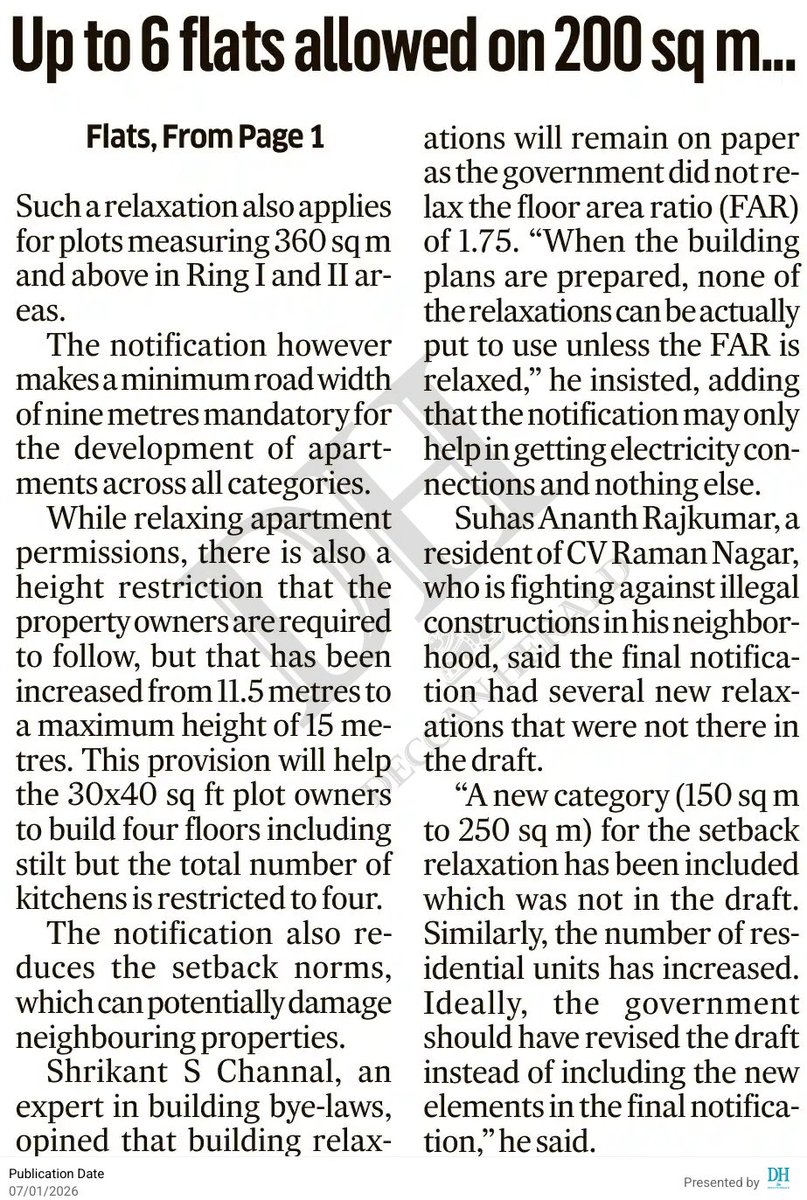 Building norms eased in #Bengaluru: Up to 6 flats is now legal on 200 sq m (40x60) plots

For 30x40 sites, four-kitchen limit stays, but the overall height cap has been increased to 15 metres

These relaxation, which was not in the draft, is introduced in the final notification