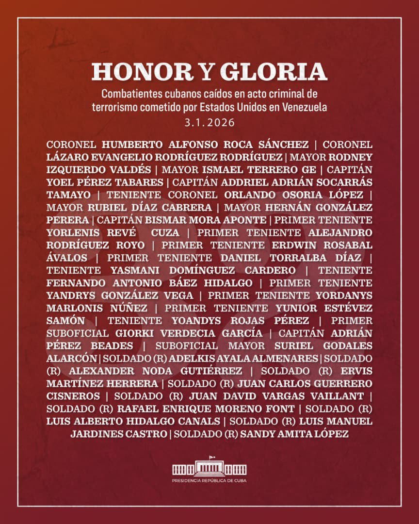 alfonso_noya's tweet photo. #HonorYGloria para los compatriotas🇨🇺 caídos en acto criminal de terrorismo cometido por el gobierno de EE.UU contra la hermana #Venezuela. Nuestros combatientes son héroes, ejemplos de revolucionarios, de firmeza, valentía y lealtad. 
!Abajo el Imperialismo!. #CubaConVenezuela https://t.co/W0M4huFe9f