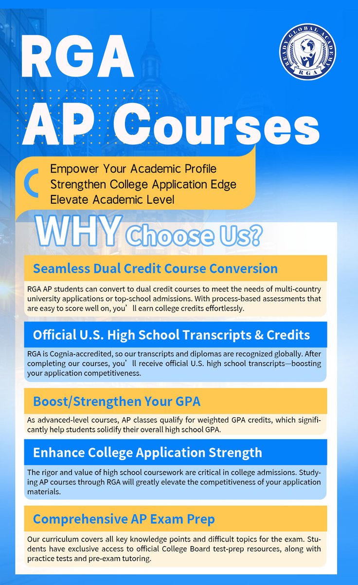 readyglobal's tweet image. 🎓 RGA AP Courses 🚀
Boost your GPA 📈 | Earn U.S. high school credits 🇺🇸
Dual credit options + comprehensive AP exam prep 📚
Stand out in college applications and elevate your academic profile.
📩 DM us to learn more!