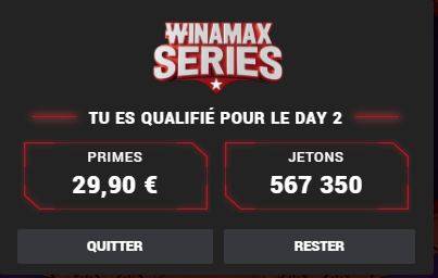 Un premier Day 2 de qualifié sur le High Five à 5€ des Winamax Series ! Encore le 1 et 2€ à bag !