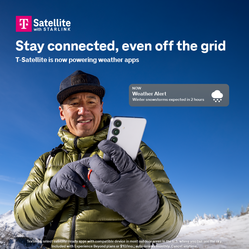 TMobile's tweet photo. T-Satellite changes everything. Check for weather updates and stay connected when you're off the beaten path.