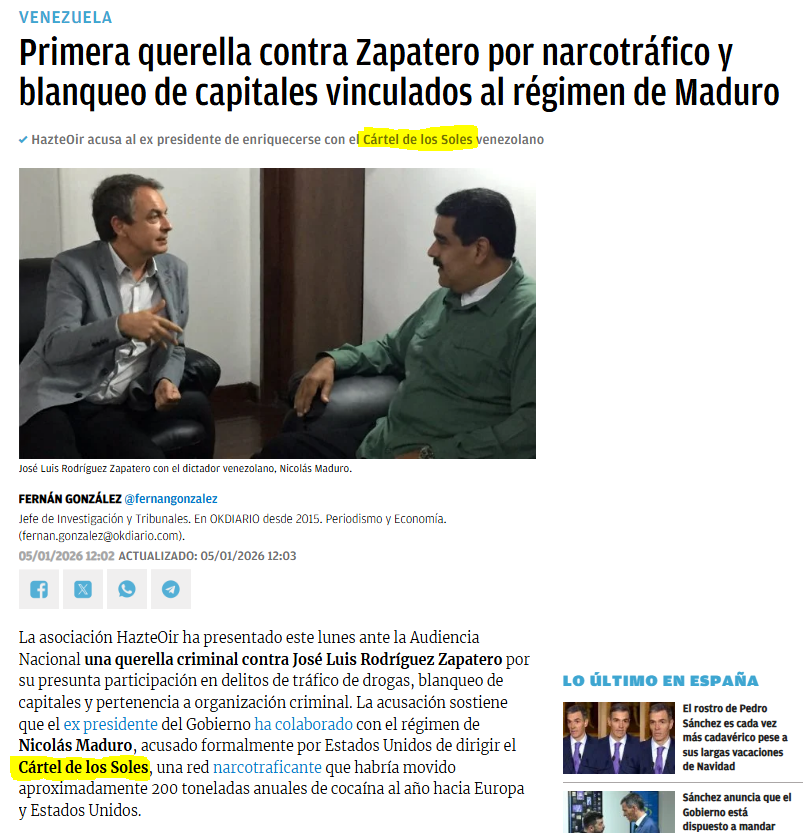 JulianMaciasT's tweet photo. Ayer Hazte Oír puso una querella contra Rodríguez Zapatero por pertenecer al "Cártel de los Soles".
El propio Departamento de Justicia de EEUU ha confirmado que esta organización no existe.
¿Os imagináis que algún juez aceptara la querella como creíble? https://t.co/cbQKgzjgJd