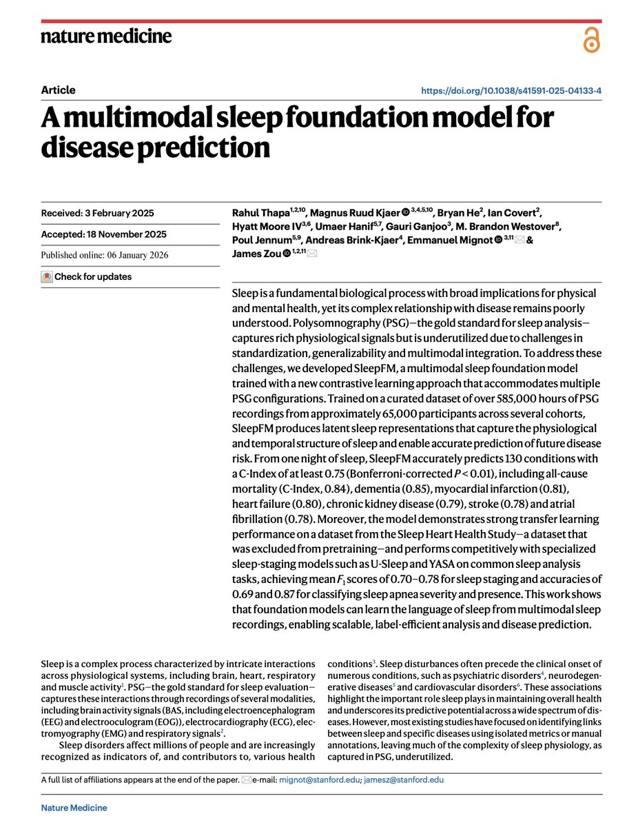 bensmithlive's tweet image. A single night of sleep can now predict 130 future diseases with up to 93% accuracy.

Stanford researchers just released SleepFM.

This is a multimodal foundation model trained on 585,000 hours of physiological data from 65,000 participants.

And it's actually insane: (1/5)
