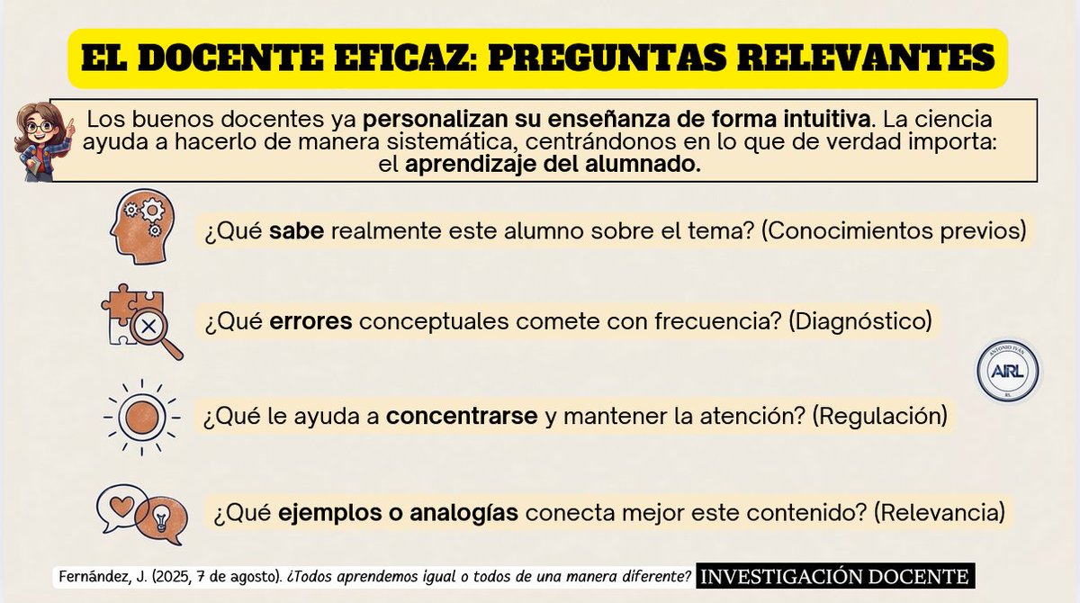 A_IvanRodriguez's tweet image. #Post244 | "EL DOCENTE EFICAZ: PREGUNTAS RELEVANTES" (Fernández, 2025).
🔗 investigaciondocente.substack.com/p/cada-alumno-…