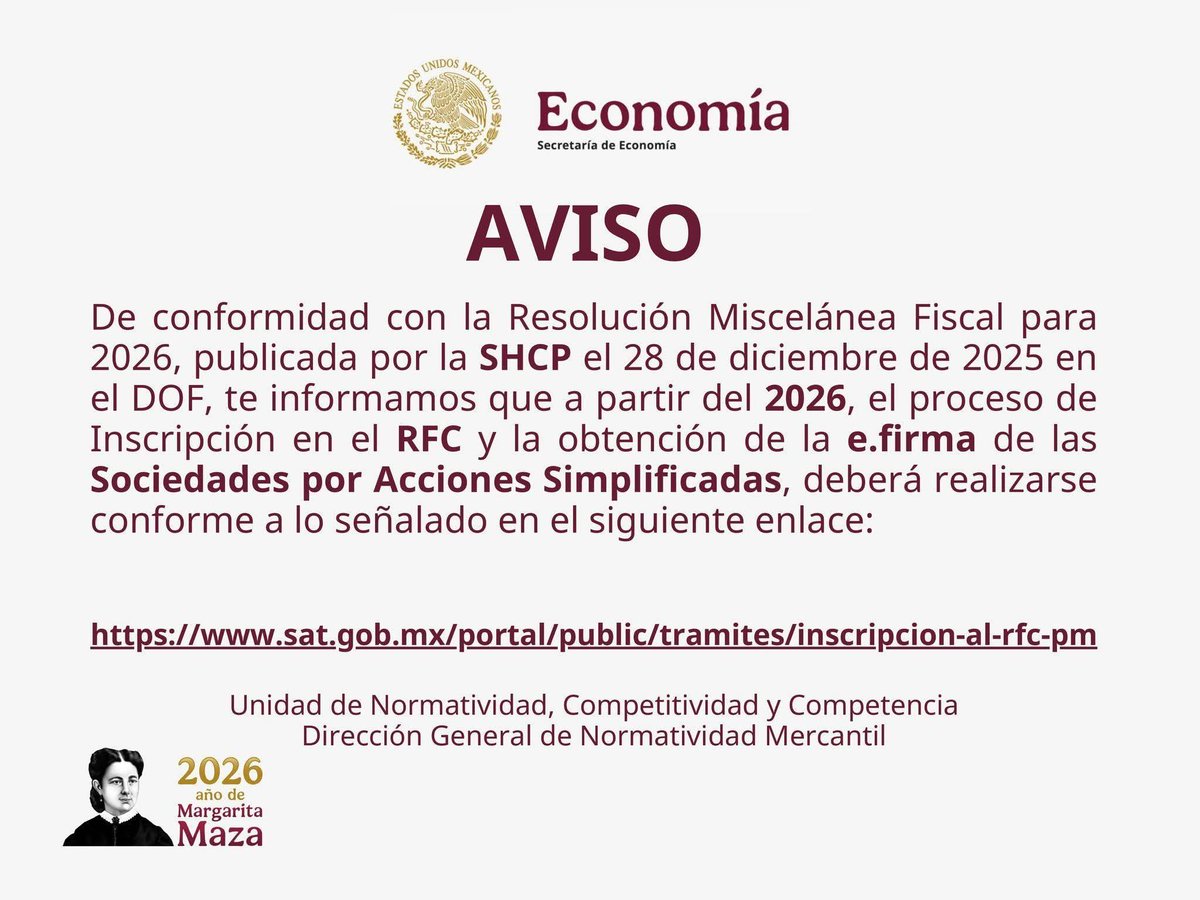 ColNacTrib's tweet image. 🚨 👀 La Secretaría de Economía informa que, a partir de 2026, el trámite de inscripción en el #RFC y #e.firma para Sociedades por Acciones Simplificadas se realizará conforme a la Resolución Miscelánea Fiscal vigente.

🔗 Consulta aquí:

sat.gob.mx/portal/public/…