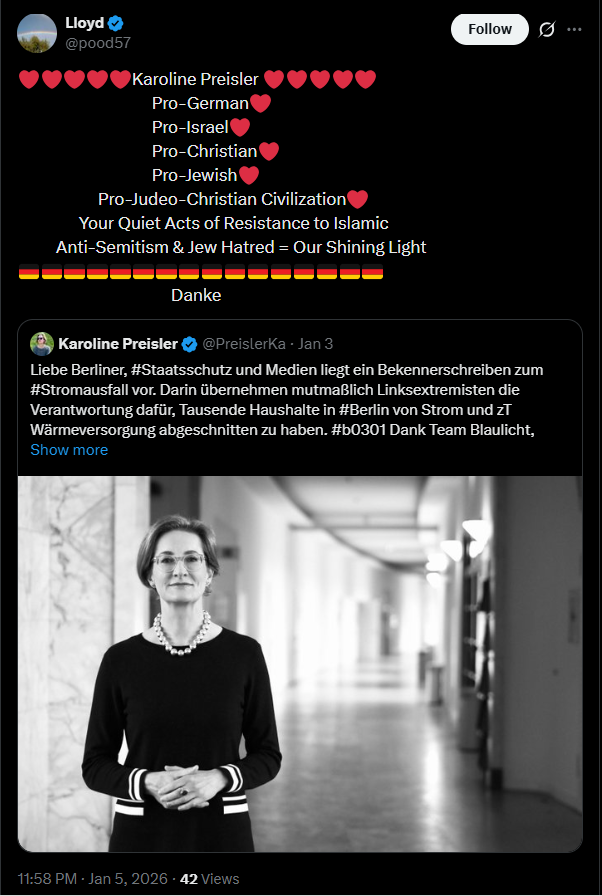 KaterHofmann's tweet photo. Liebe Berliner, endlich treffen die Danksagungen dafür ein, dass Karoline Preisler den Berlinern gesagt hat, dass dem #Staatsschutz und den Medien ein Bekennerschreiben zum #Stromausfall vorliegt. #selfiequeen #b0701 #Danke https://t.co/M2DmiDxZ2D