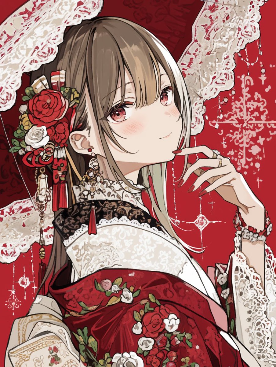 イラストオーダー✩﻿かなる 和のひととき】 「紅にほどける微笑」 ーレース越しに咲く、秘密の温度