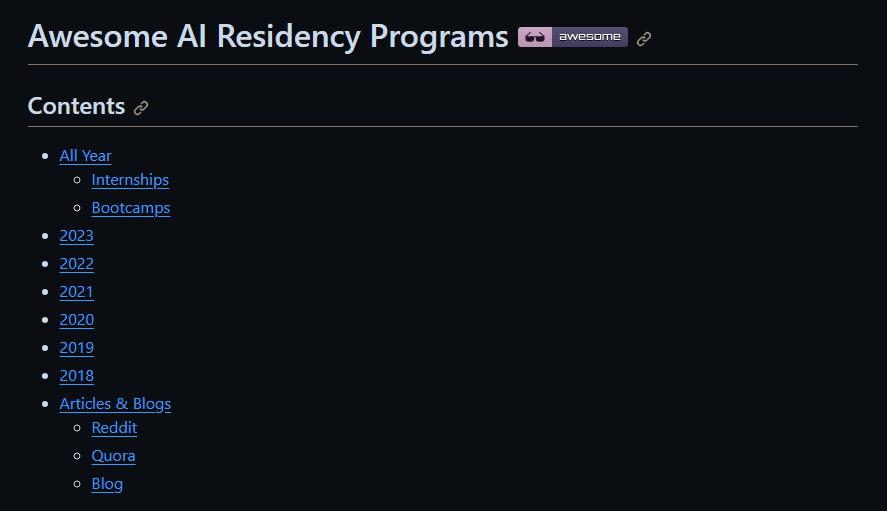 👉 Awesome AI Residency Programs

In this github repo, You'll find curated AI and ML Residency Programs from top companies like Apple, Facebook, OpenAI, IBM, Uber, Microsoft, Google, NVIDIA, Intel and more.
