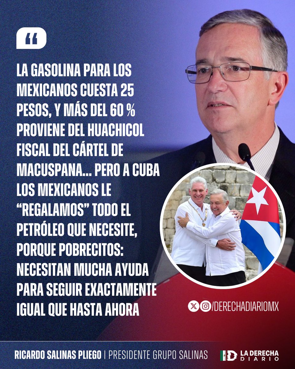 DerechaDiarioMX's tweet image. 🇲🇽🇨🇺 | CONTUNDENTE: El presidente de Grupo Salinas, @RicardoBSalinas, explotó contra el narcogobierno por venderle cara la gasolina a los mexicanos cargándola de impuestos mientras se la regala a la dictadura comunista de Cuba.