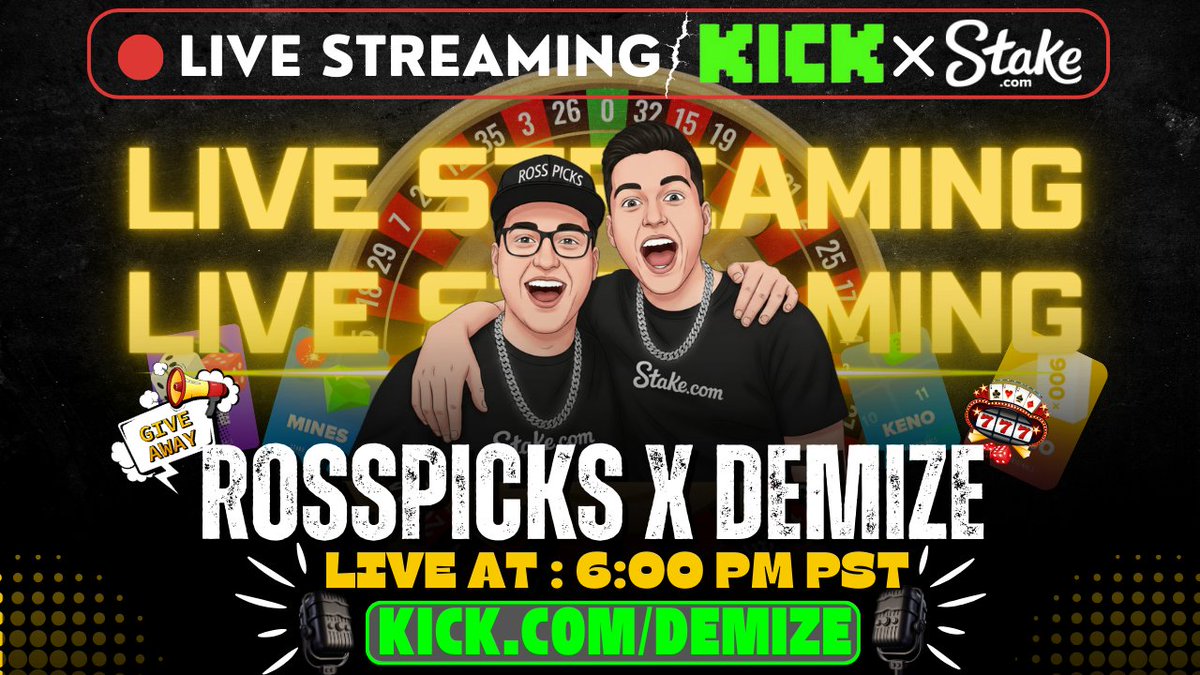 demize21's tweet image. 🚨LIVE STREAMING AT 6 PM PST 🚨

💸 GIVING AWAY Tons of tips 💸💸

🏆 Slot Tournament (🥇 Winner gets $25 tip @STAKE )

👉Drop your kick+#stake username  

🎥 Watch live on: Kick.com/demize

🫂 Follow: @RossPicks
 &amp;amp; @demize21

✅ ♻️RT + ❤️Like &amp;amp;Tag friends