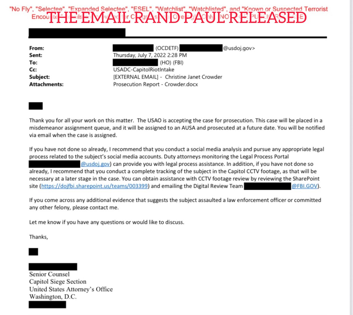Senator <a href="/RandPaul/">Rand Paul</a>’s office redacted an email from DOJ official Kenneth Courter that shows him ordering the arrest of an innocent Trump supporter.

Courter had NO evidence to go after Christine Crowder, but he still had her placed in a J6 prosecution queue.

Courter is still