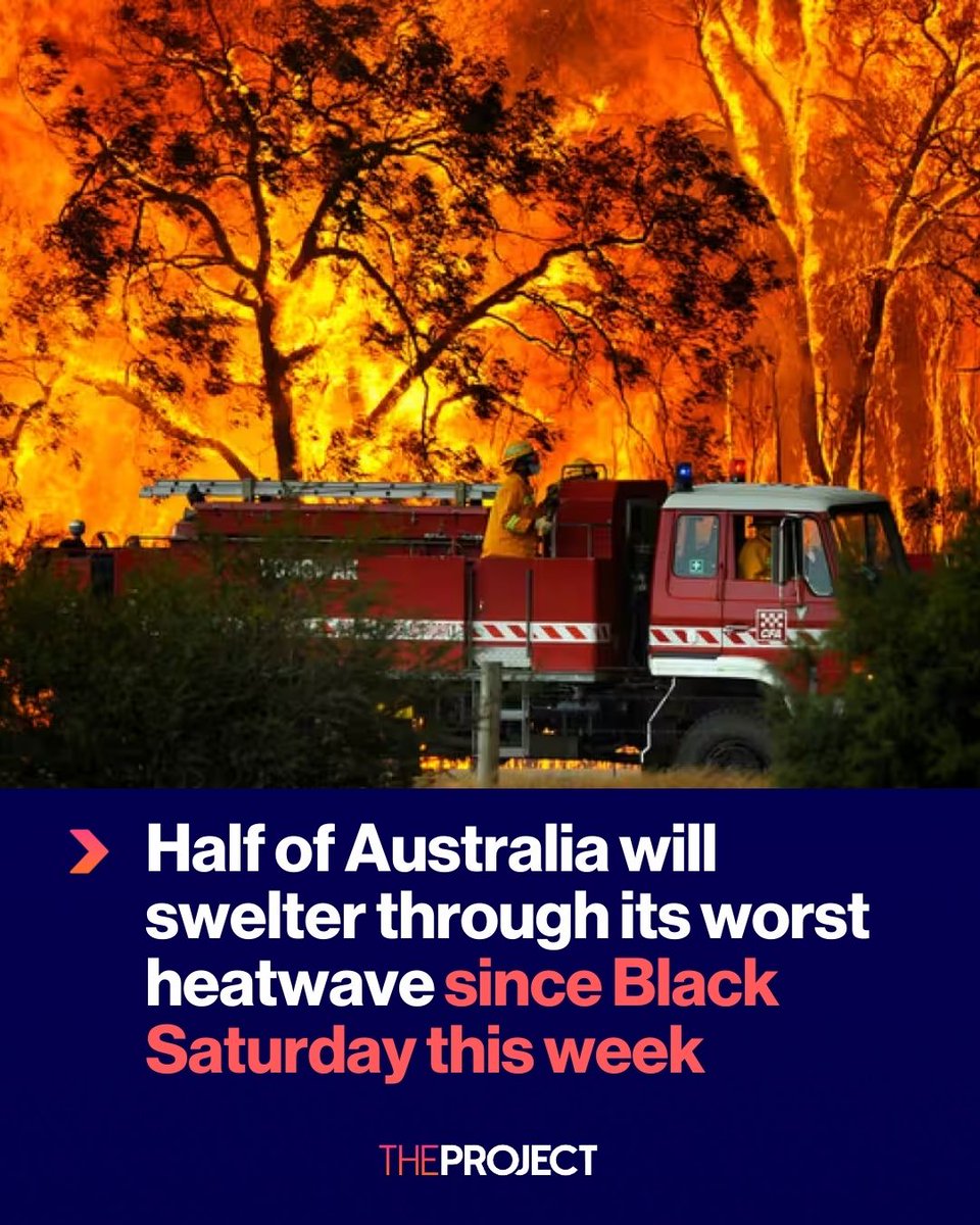 theprojecttv's tweet image. Australia is bracing for its most severe heatwave since the catastrophic Black Summer bushfires, with scorching conditions set to engulf more than half the nation.

The Bureau of Meteorology has issued warnings as dry, hot weather creates extreme fire danger across multiple…