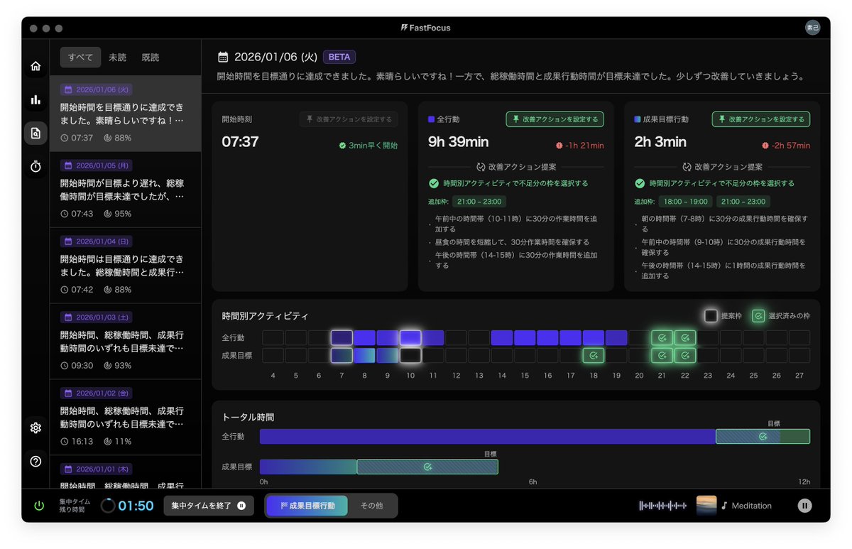Beta機能として入れてる行動レポートと行動改善、いまいち使いにくいという意見をいただいたので、改善案を検討中

ユーザーが行動量不足を認知した後に、
『追加でいつ行動するか』まで決めないと行動・習慣が変わらないので直感的かつ、使いやすいUI/UXを模索🤔