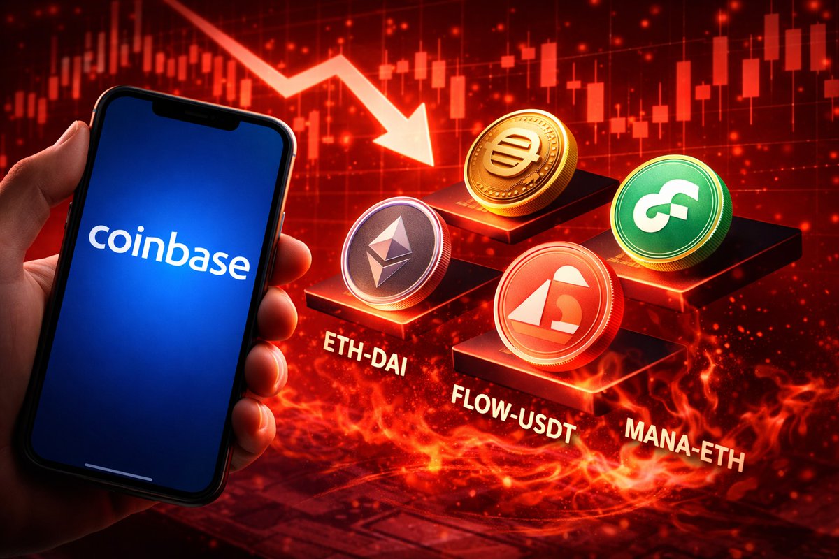 COINBASE TO REMOVE MULTIPLE TRADING PAIRS FROM ITS PLATFORM Coinbase  announced it will remove the ETH-DAI, FLOW-USDT, and MANA-ETH order books,  continuing its periodic review of listed markets as the exchange streamlines
