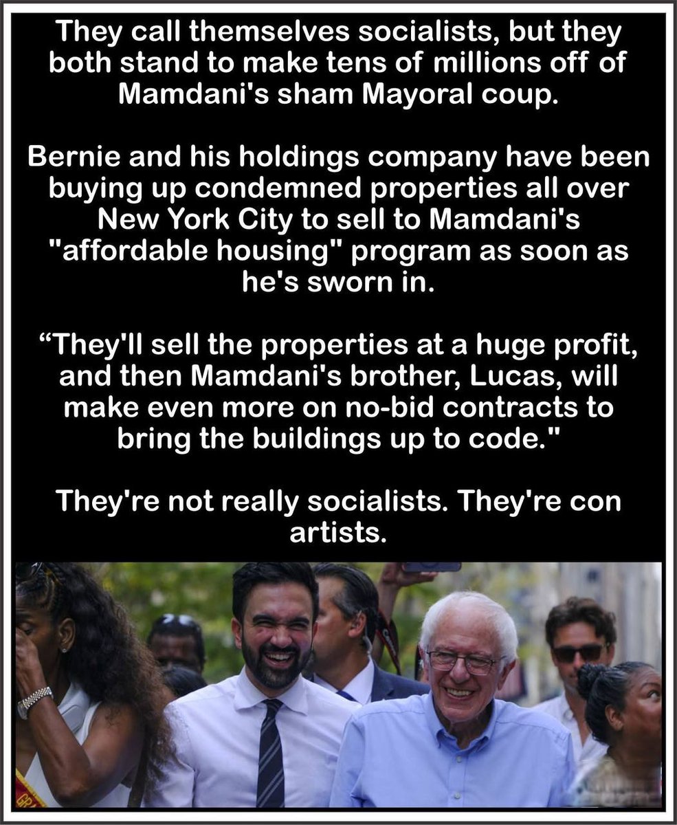 🚨EXPOSED: FAKE SOCIALISTS BERNIE &amp; MAMDANI CAUGHT IN MASSIVE NYC PROPERTY SCAM – POCKETING TENS OF MILLIONS FROM SHAM "AFFORDABLE HOUSING" FRAUD!

🔗 t.me/+nPHzGh53lLNkM…

Bernie’s Shady Holdings Co. SNAPPING UP CONDEMNED DUMPS ACROSS THE CITY, READY TO FLIP 'EM FOR INSANE