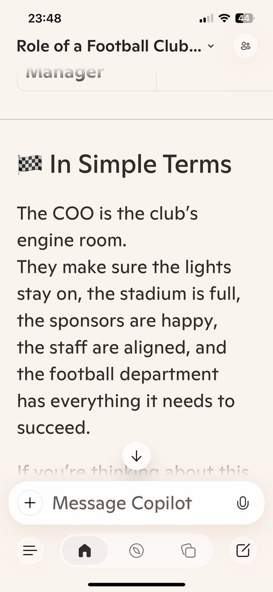 Listened to the <a href="/robstaton/">Rob Staton</a> interview with Paul Douglas. Some great questions but not many answers. Therefore using copilot to see what the COO of a professional football club does….makes me wonder where the issue is 🤔#rufc