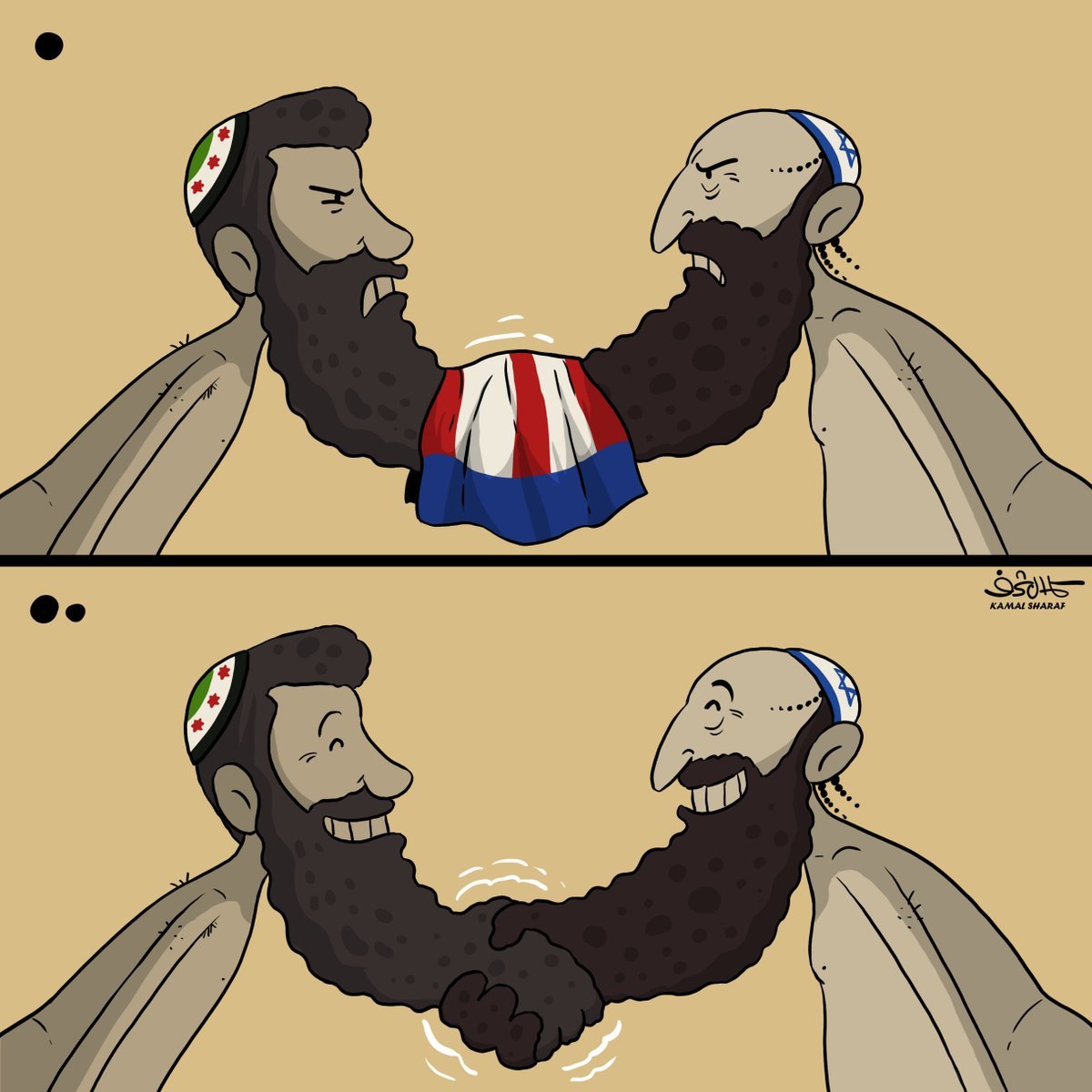 كاريكاتير الأمس أصبح واقع اليوم المر. من كان يرفع شعارات المقاومة والممانعة بالأمس، يتبادل اليوم 'المعلومات الاستخباراتية' والفرص التجارية مع الكيان. الأقنعة لم تسقط فحسب، بل تم تمزيقها تماماً. التاريخ يسجل والواقع لا يكذب.
#التطبيع_خيانة #أحمد_الشرع